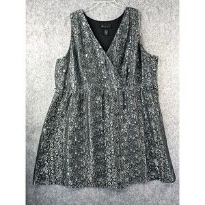 Lane Bryant Black Floral Silver Purple Foil Shimmer Metallic Dress 26 Lined